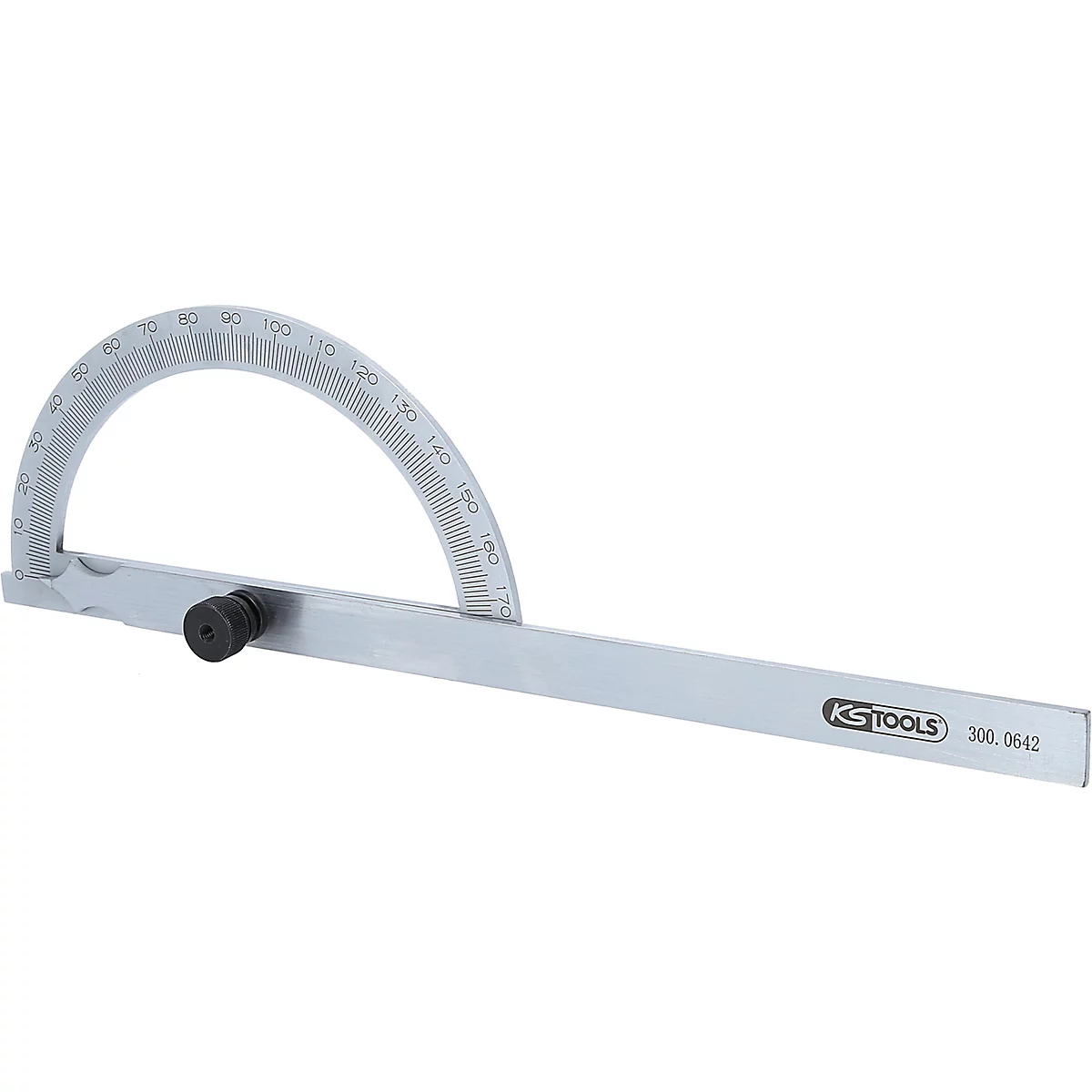 Winkelmesser aus Metall. Halbkreis mit Skala und geradem Arm, an dem sich eine Feststellschraube befindet. KS Tools Logo.